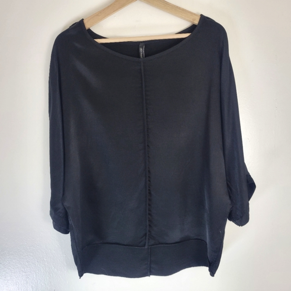 aNYcase Black Batwing Heavy Satin Blouse